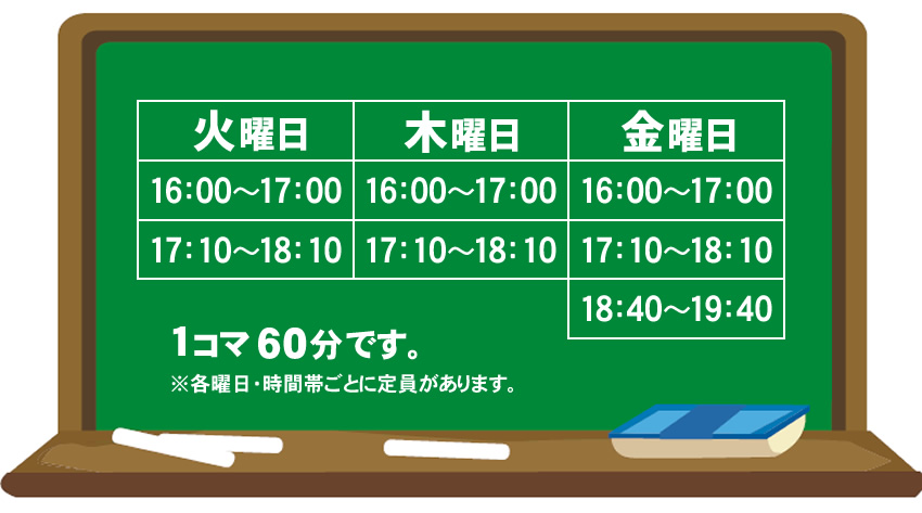 火曜日 16時～17時 17時10分～18時10分
木曜日 16時～17時 17時10分～18時10分
金曜日 16時～17時 17時10分～18時10分 18時40分～19時40分
1コマ50分です。※各曜日・時間帯ごとに定員があります。