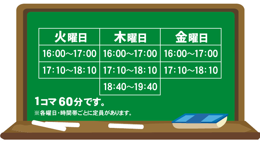 火曜日 16時～17時 17時10分～18時10分
木曜日 16時～17時 17時10分～18時10分 18時40分～19時40分
金曜日 16時～17時 17時10分～18時10分
1コマ50分です。※各曜日・時間帯ごとに定員があります。